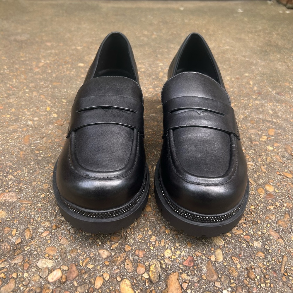 DKNY Women’s Black Chunky Loafers w/ Rhinestone Trim – Size 8.5